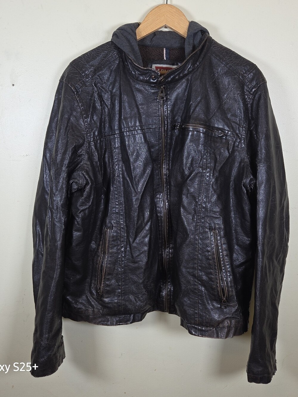 Levi’s Jacket Men’s Brown Faux-Leather Hooded Racer Trucker Biker Size Large